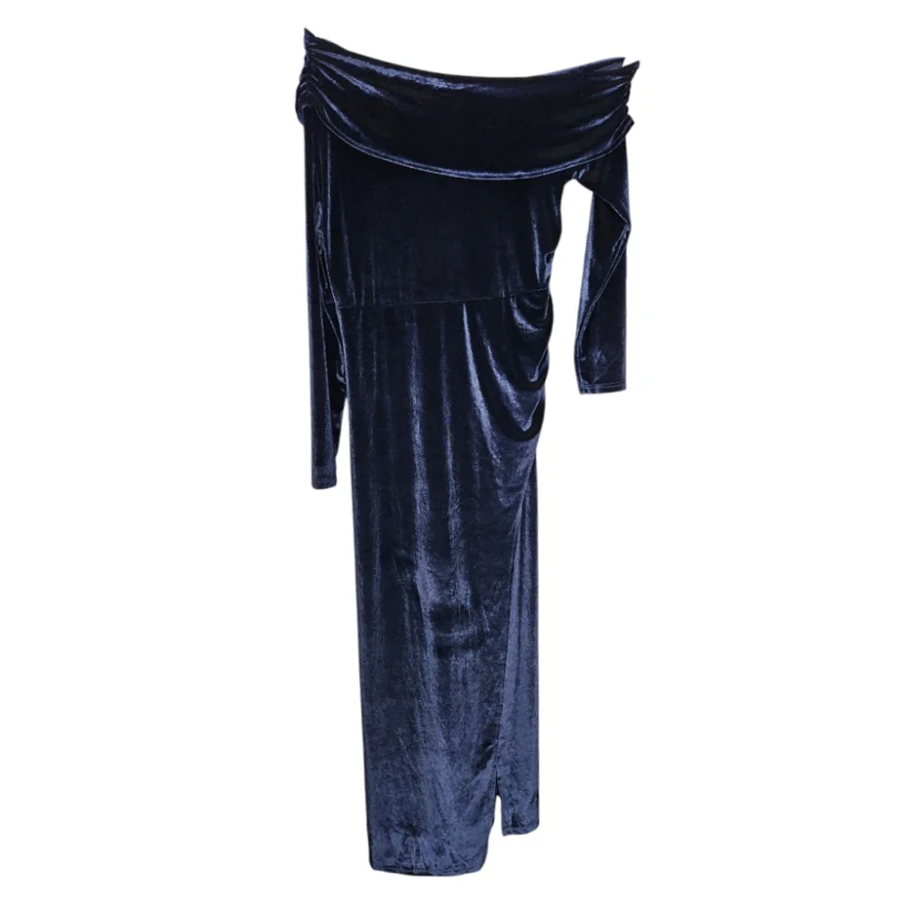 WOMEN'S BLUE VELVET OFF SHOULDER MAXI WRAP DRESS
